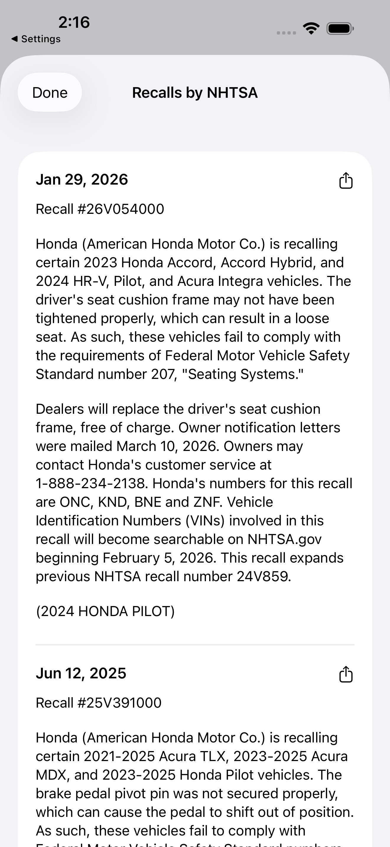 NHTSA safety recalls for a auto